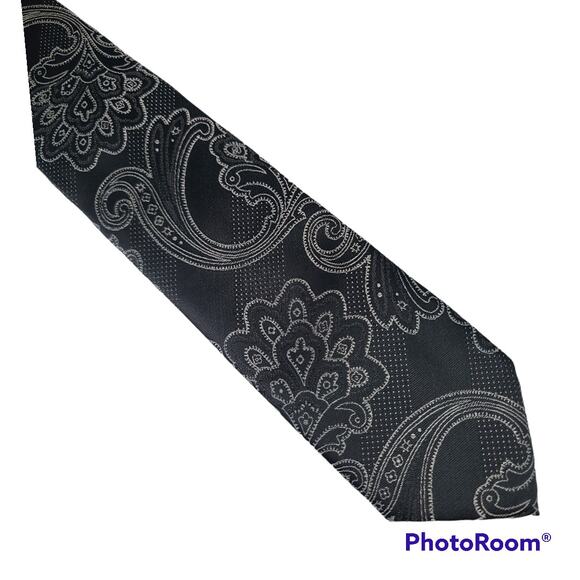 NWT Imani Uomo handmade black silver paisley silk tie and pocket square - Picture 1 of 6